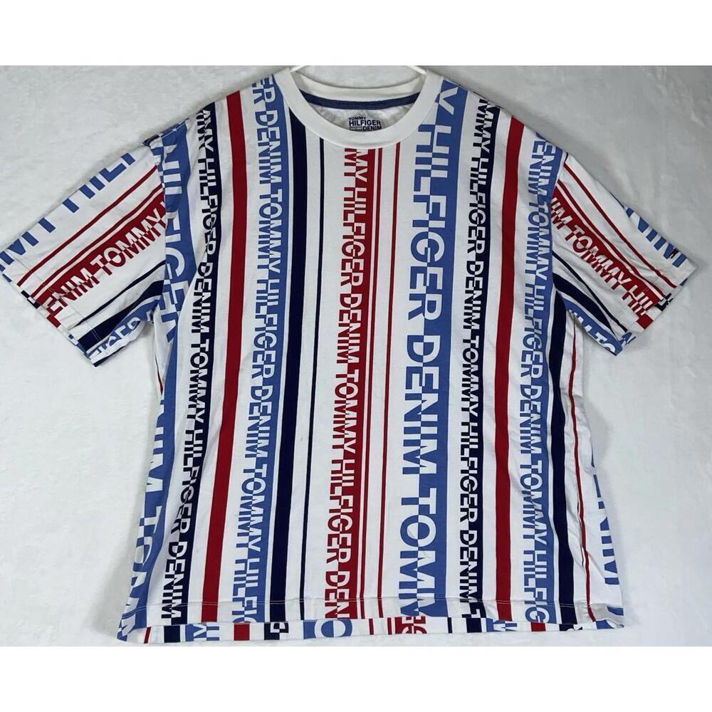Tommy Hilfiger Denim T- Shirt L Duran Spell Out Vertical Stripes Y2K Retro 90s